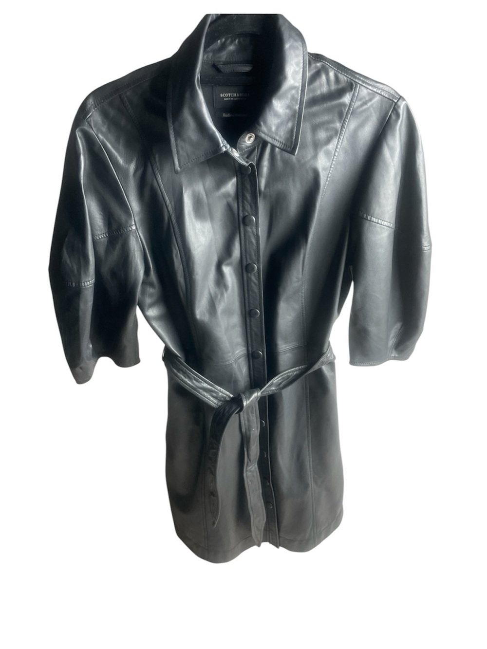 Scotch & Soda Black Leather Button-Front Shirt with Waist Tie